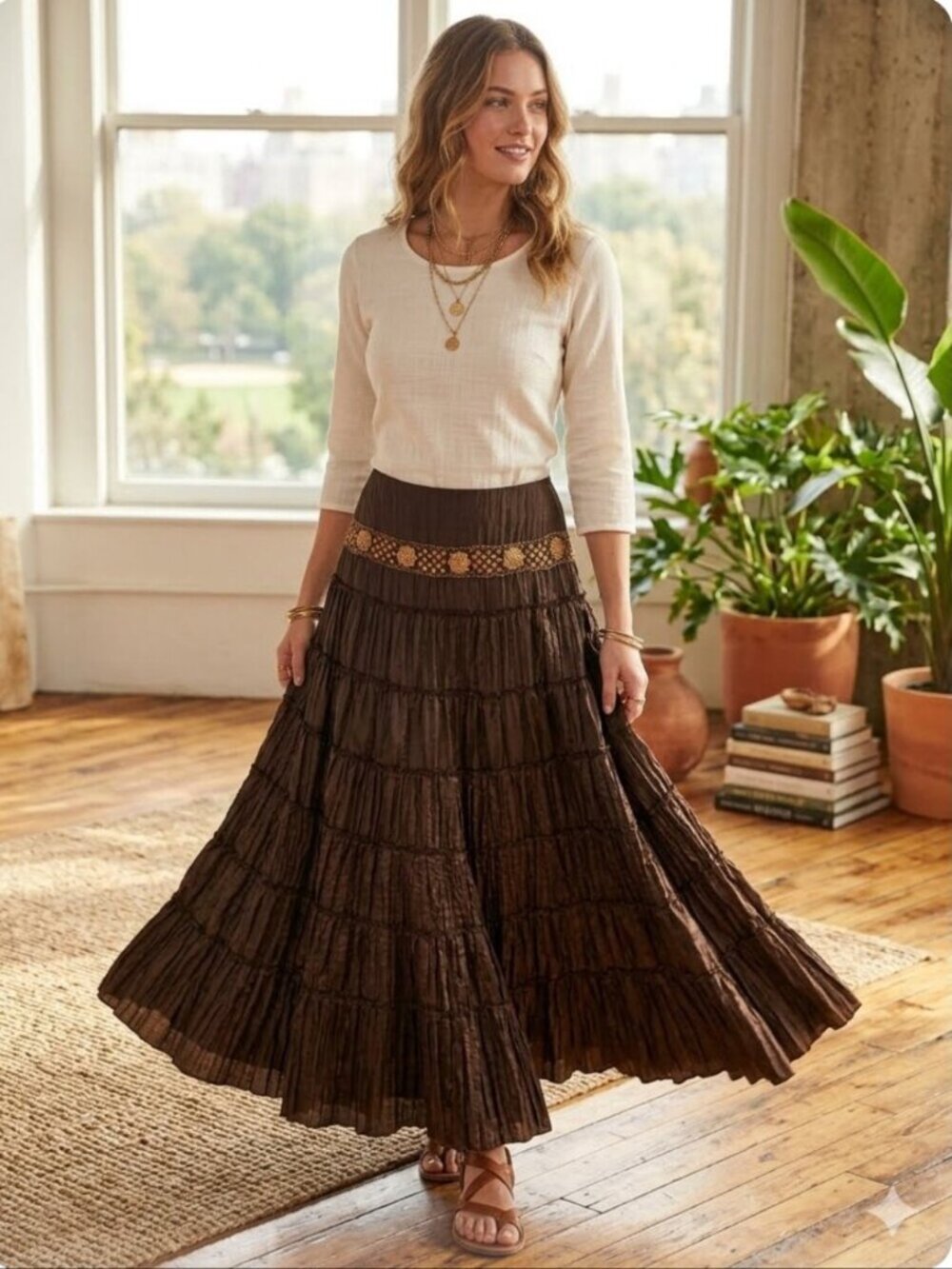 Tiered Crinkle Maxi Skirt in Chocolate Brown